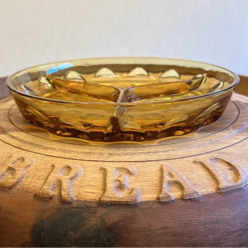Indiana Glass Co Kings Crown Amber Gold Thumb Print 3 Way Divided Relish‎ Dish
